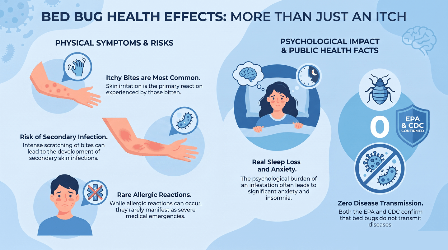 Infographic ranking bed bug health effects from most to least common, including bites and sleep loss
