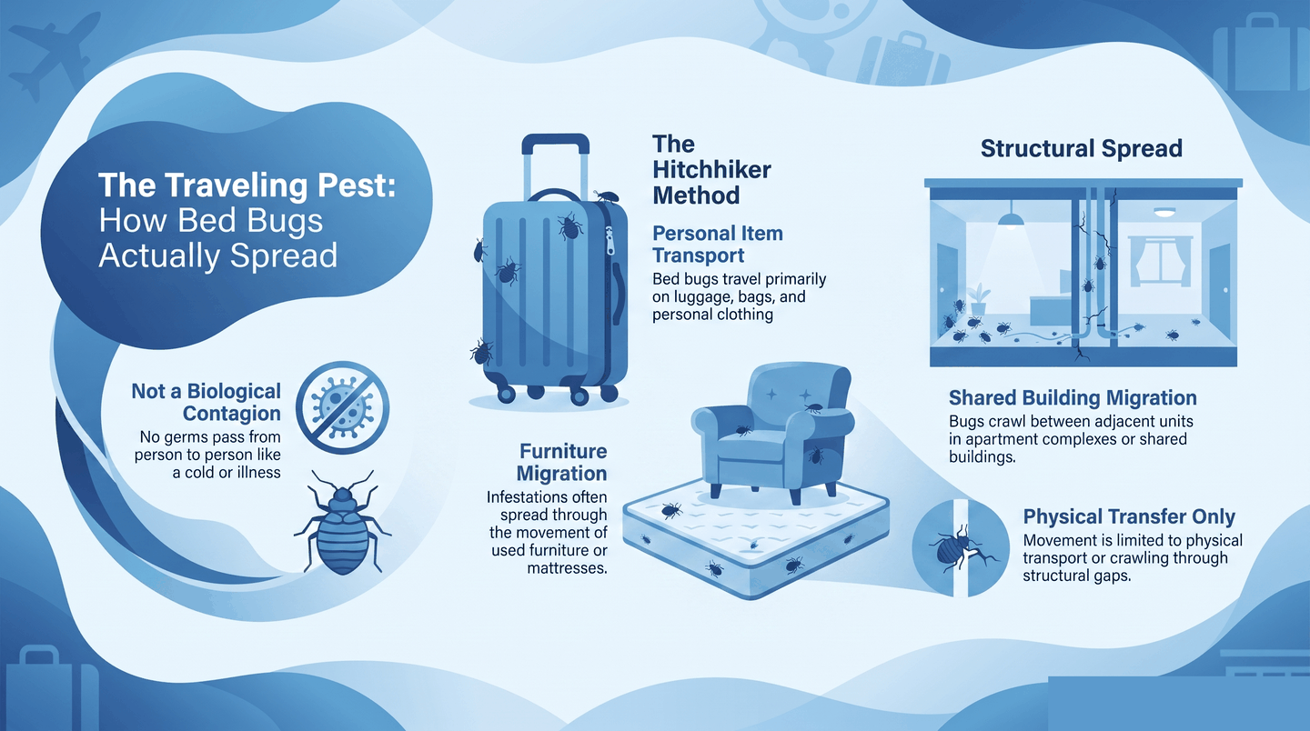 Infographic explaining that bed bugs spread through objects, not person-to-person contact