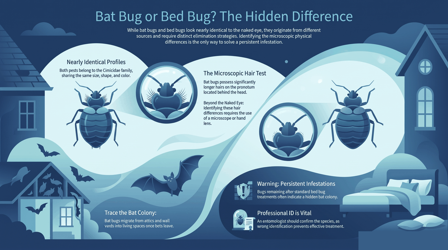 Infographic comparing bat bug vs bed bug: both look nearly identical, bat bug has longer pronotum hairs visible only under magnification, and bat bugs originate from bat colonies in attics and wall voids