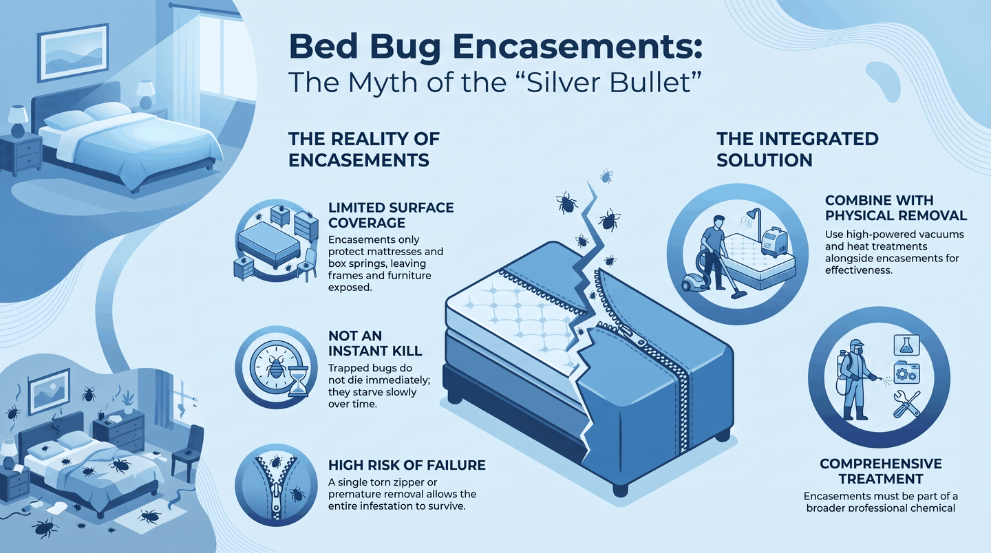 What a bed bug mattress encasement alone cannot do: it seals only the mattress and box spring while the frame and furniture stay exposed, bugs starve slowly, a torn zipper lets them escape, and it must be paired with heat, vacuuming and treatment