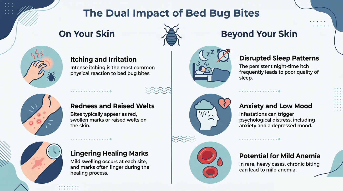 Two-column infographic of bed bug bite effects on your skin versus beyond your skin