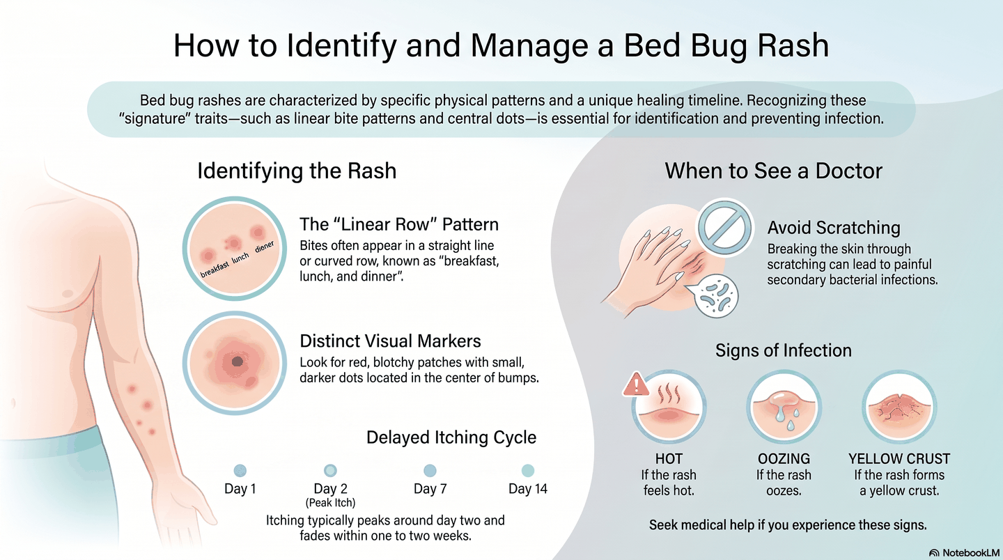 Infographic showing how to identify a bed bug rash: clustered red welts in a line, the itching timeline, and signs of infection