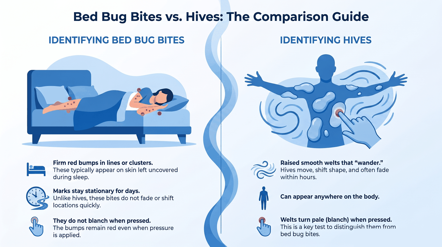 Side-by-side infographic comparing bed bug bites — firm red bumps in lines or clusters that stay put for days and do not blanch — with hives, raised welts that move anywhere on the body and turn pale when pressed