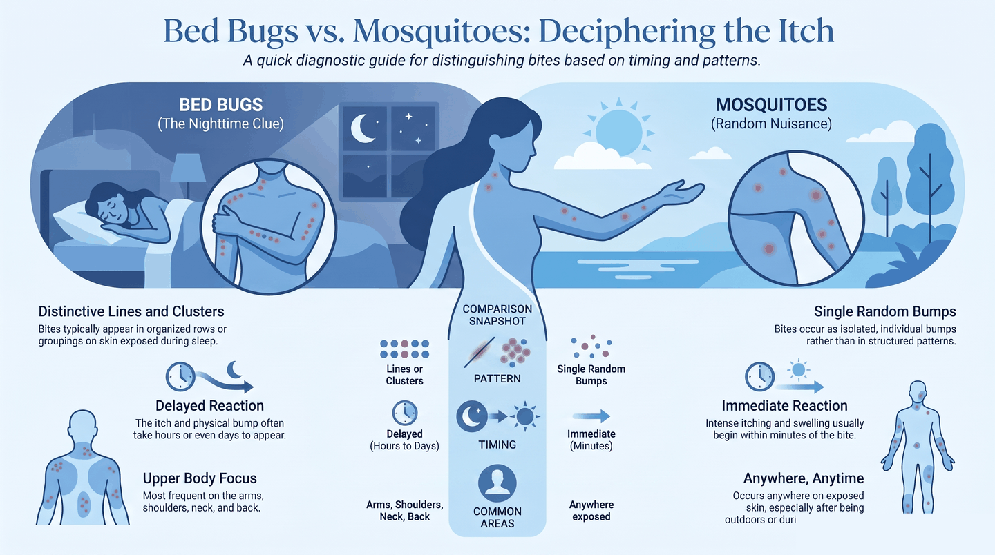 Bed bug bites versus mosquito bites comparison infographic showing lines and clusters with delayed reaction on sleep-exposed skin versus single random bumps with immediate itching anywhere on the body