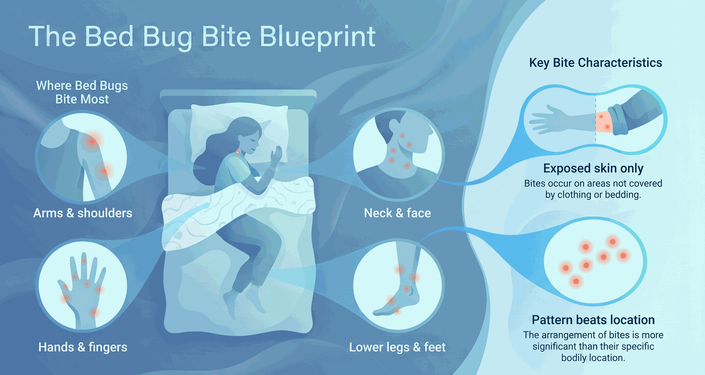 Body map infographic showing where bed bugs bite most often