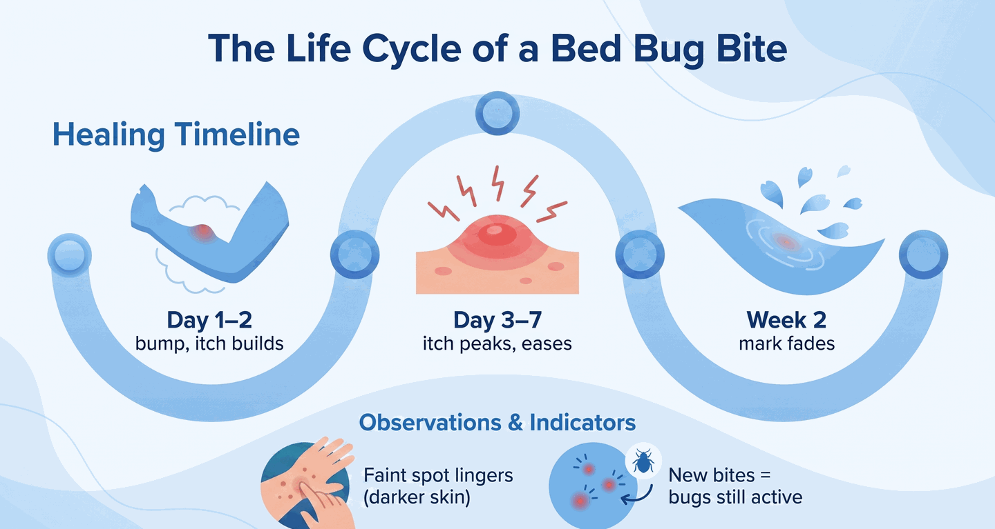 Timeline infographic of how long bed bug bites last