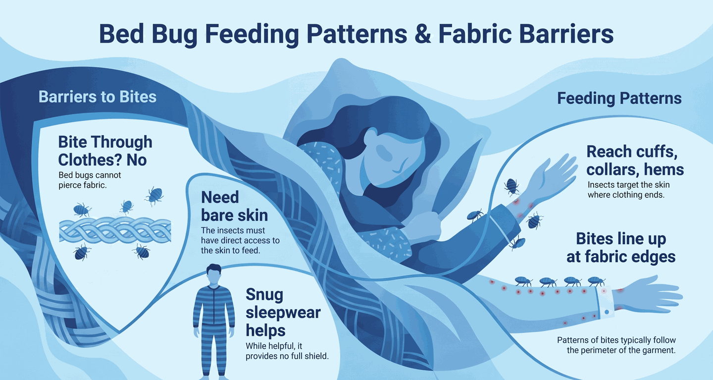 Infographic explaining bed bugs cannot bite through clothes