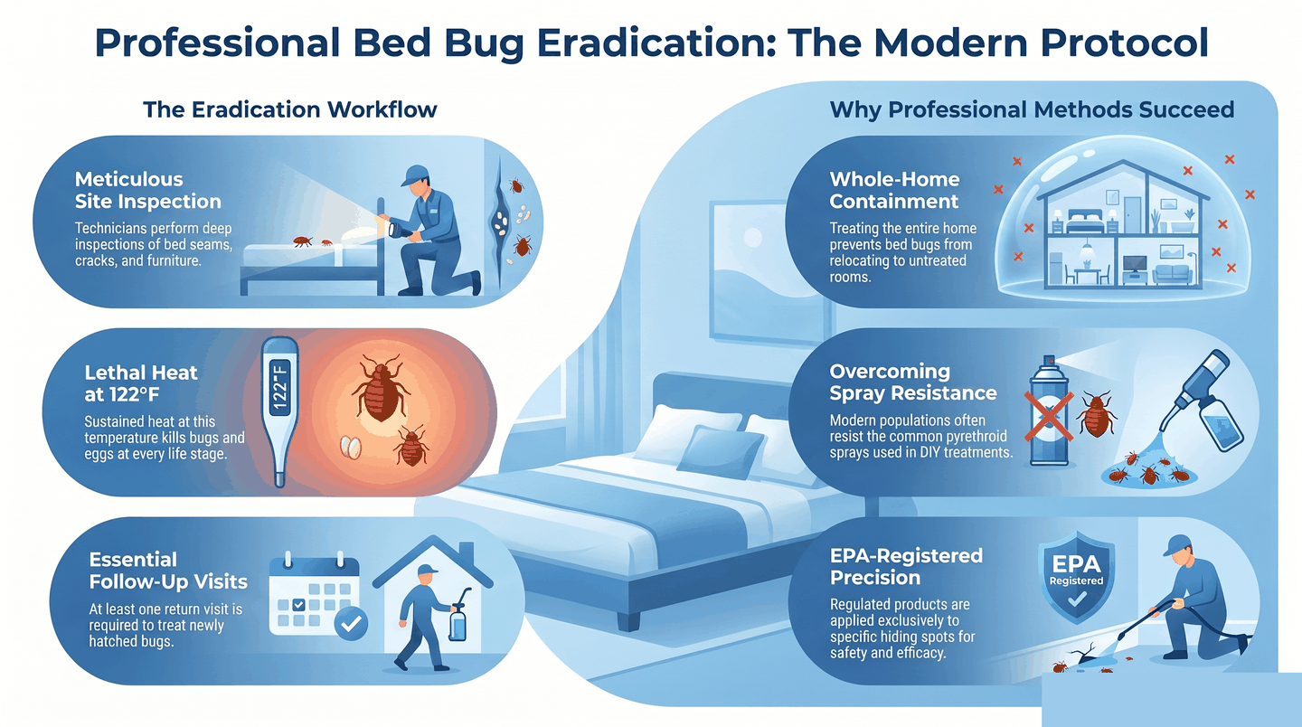 Step-by-step infographic of professional bed bug control showing inspection, whole-home treatment with heat and targeted EPA-registered products, and a mandatory follow-up visit to catch newly hatched bugs