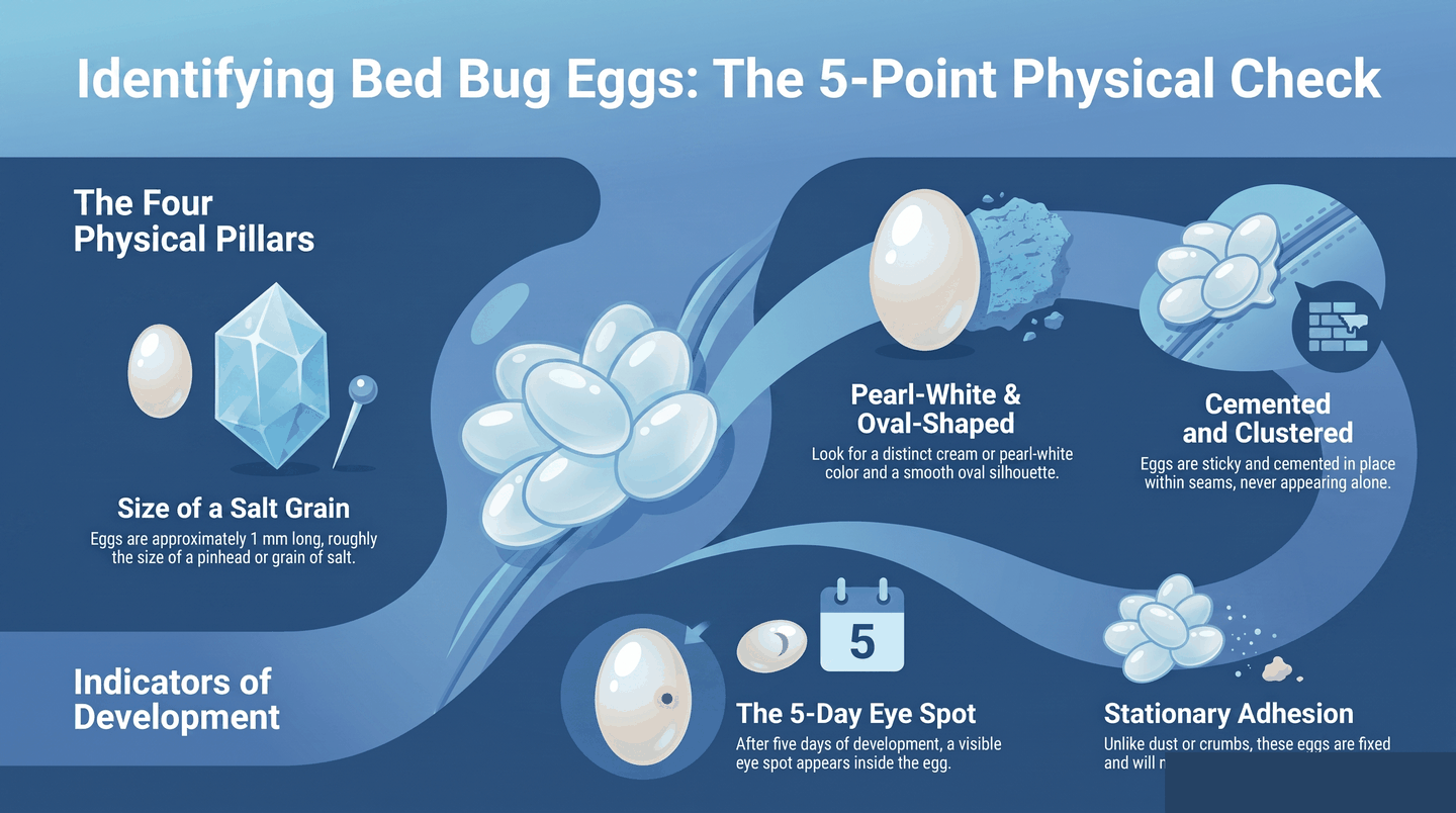 Infographic showing the four identification criteria for bed bug eggs: size, color, stickiness, and clustering pattern