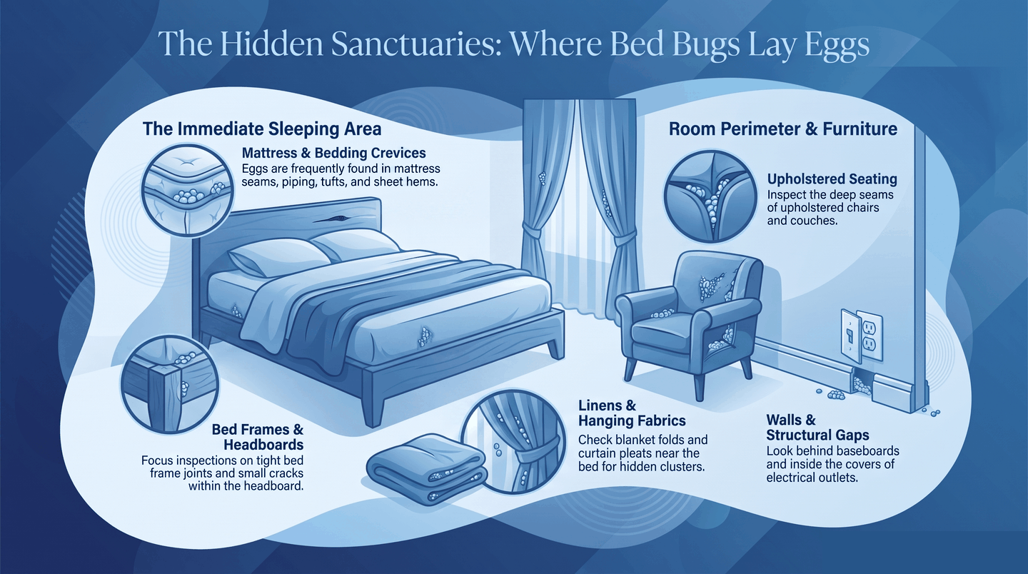 Infographic showing five common locations near the bed where bed bugs lay and hide their eggs
