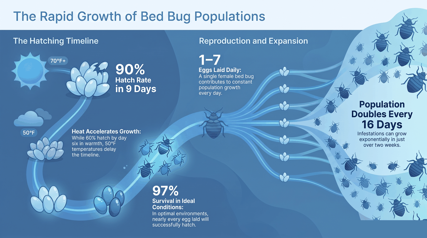 Infographic showing bed bug egg hatch rates by temperature and how quickly an infestation grows