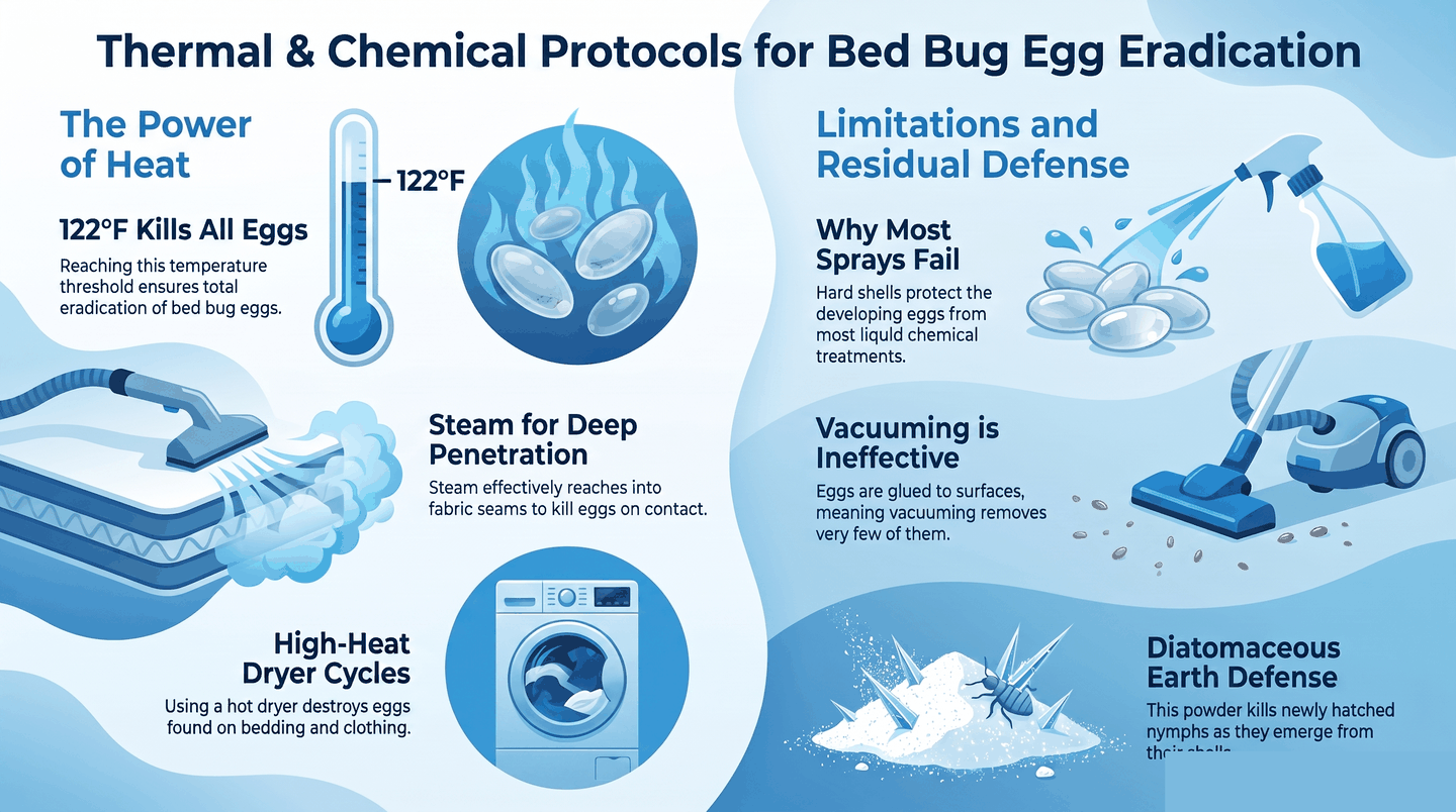 Infographic showing heat at 122°F, steam, and dryer cycles kill bed bug eggs, while most sprays and vacuuming often fall short