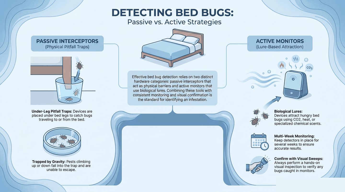 Infographic comparing passive bed bug interceptors and active monitors