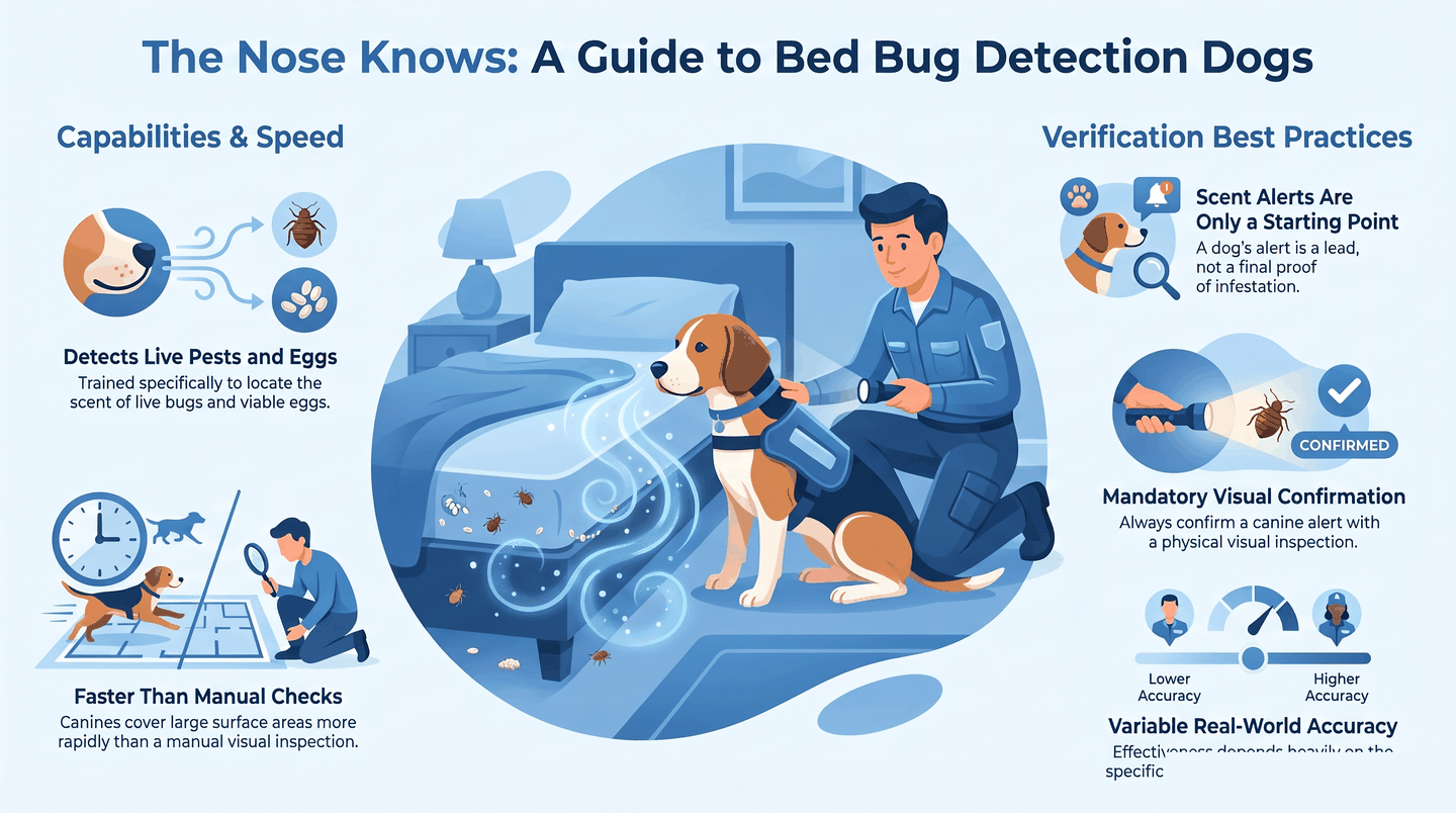 Infographic explaining how bed bug sniffing dogs detect live bugs and eggs by scent