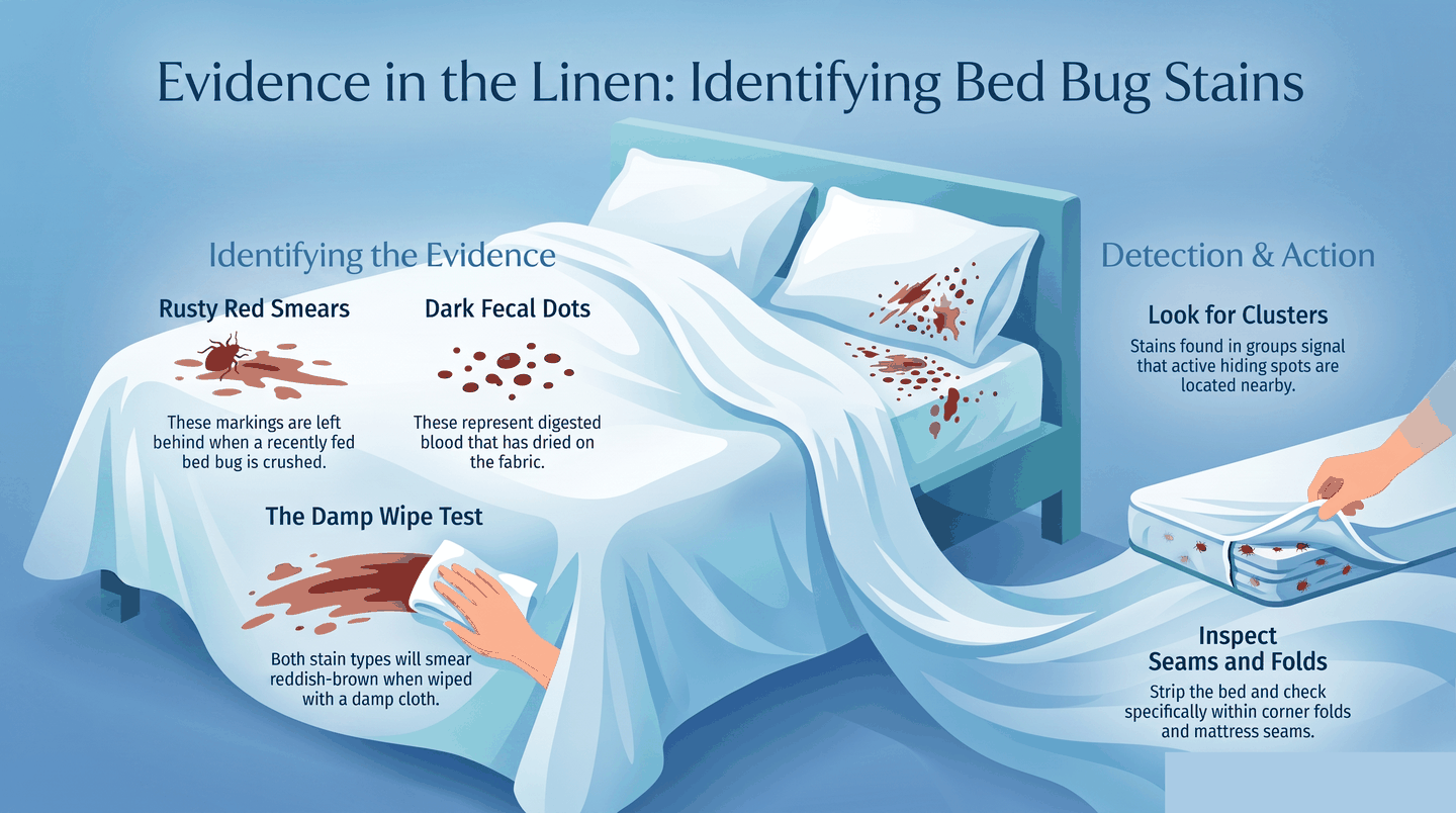 Infographic showing two types of bed bug stains on sheets: rusty smears and dark fecal dots