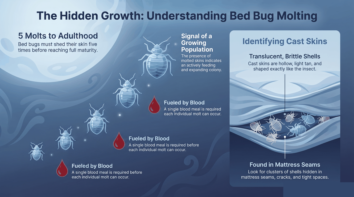 Infographic showing bed bug molting stages and how to recognize cast skins