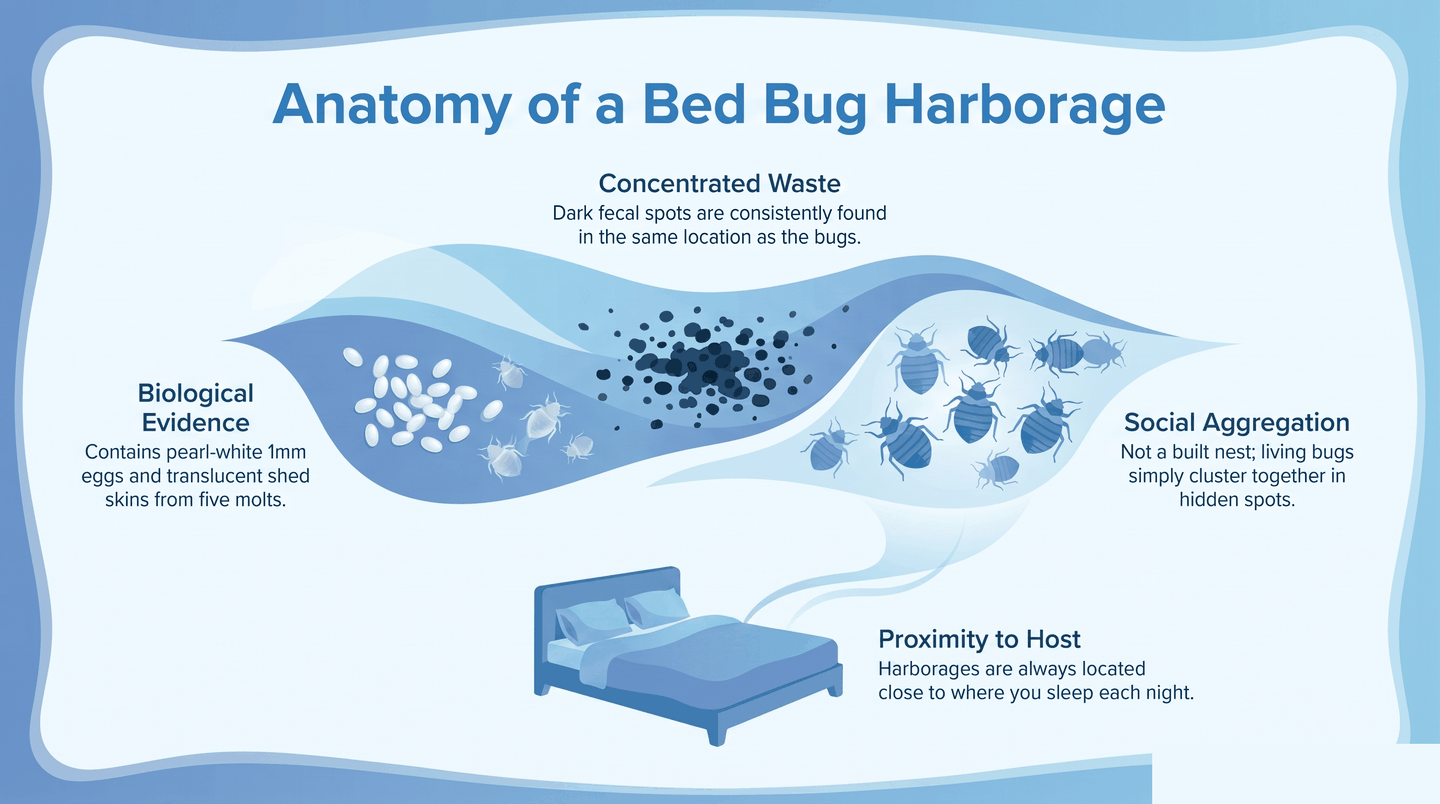 Infographic listing what is found inside a bed bug harborage: bugs, eggs, shed skins, fecal spots