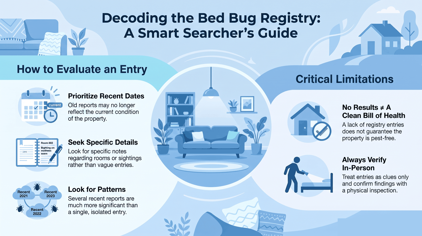 Infographic showing how to read a bed bug registry entry: check the date, look for specific details, spot patterns, and always verify in person
