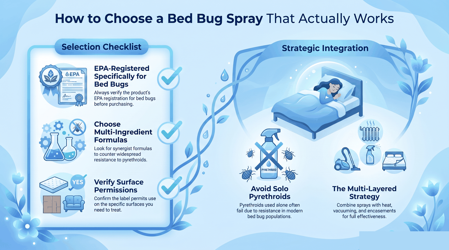 Infographic: checklist for choosing a bed bug spray — EPA-registered, multi-ingredient formula, surface permissions, resistance awareness