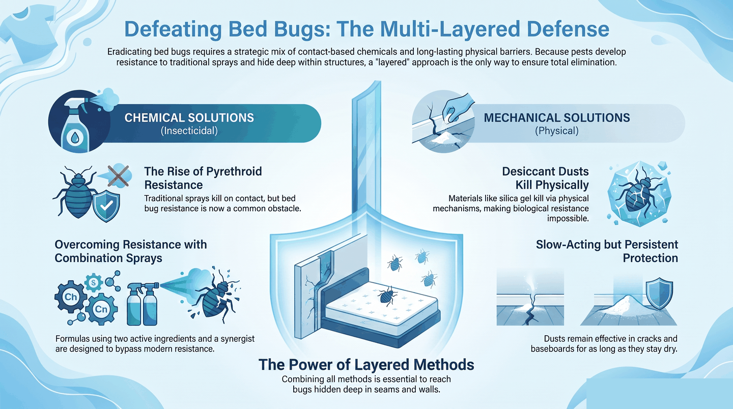 Infographic comparing insecticidal and mechanical bed bug killers — chemical sprays, combination formulas, and desiccant dusts