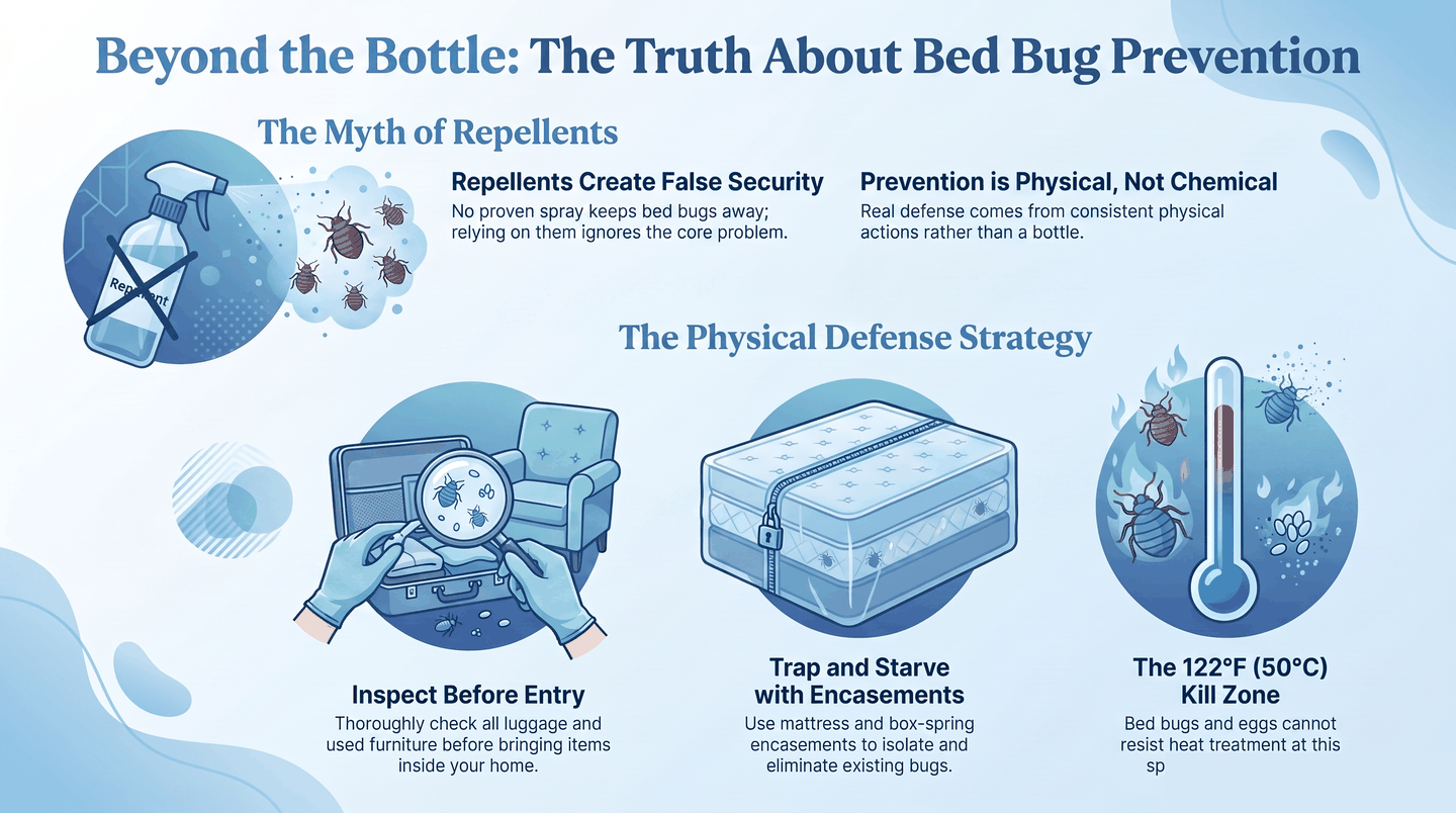 Infographic: why bed bug repellents fail and what physical prevention methods actually work — inspection, encasements, heat