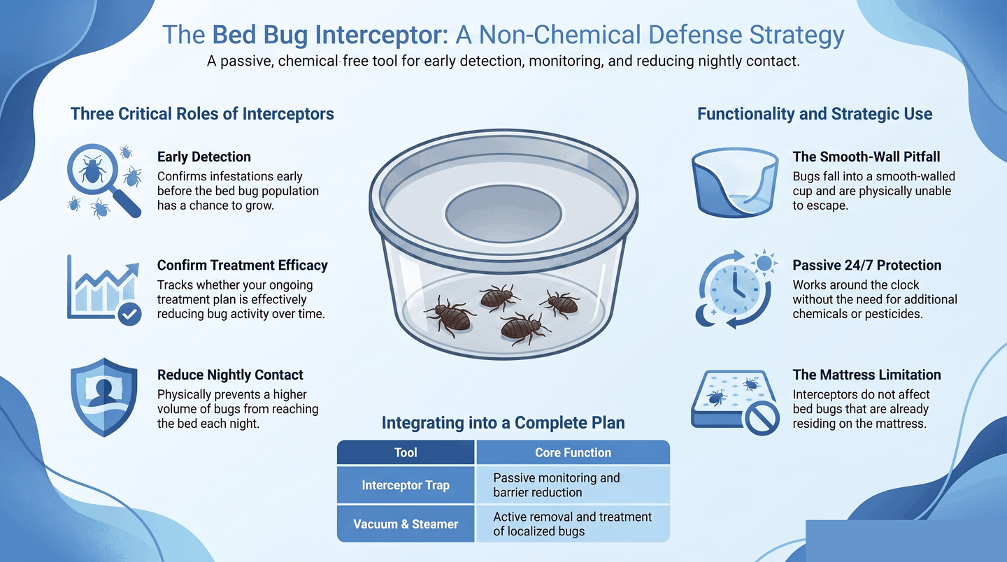 Infographic showing the three roles of bed bug interceptor traps