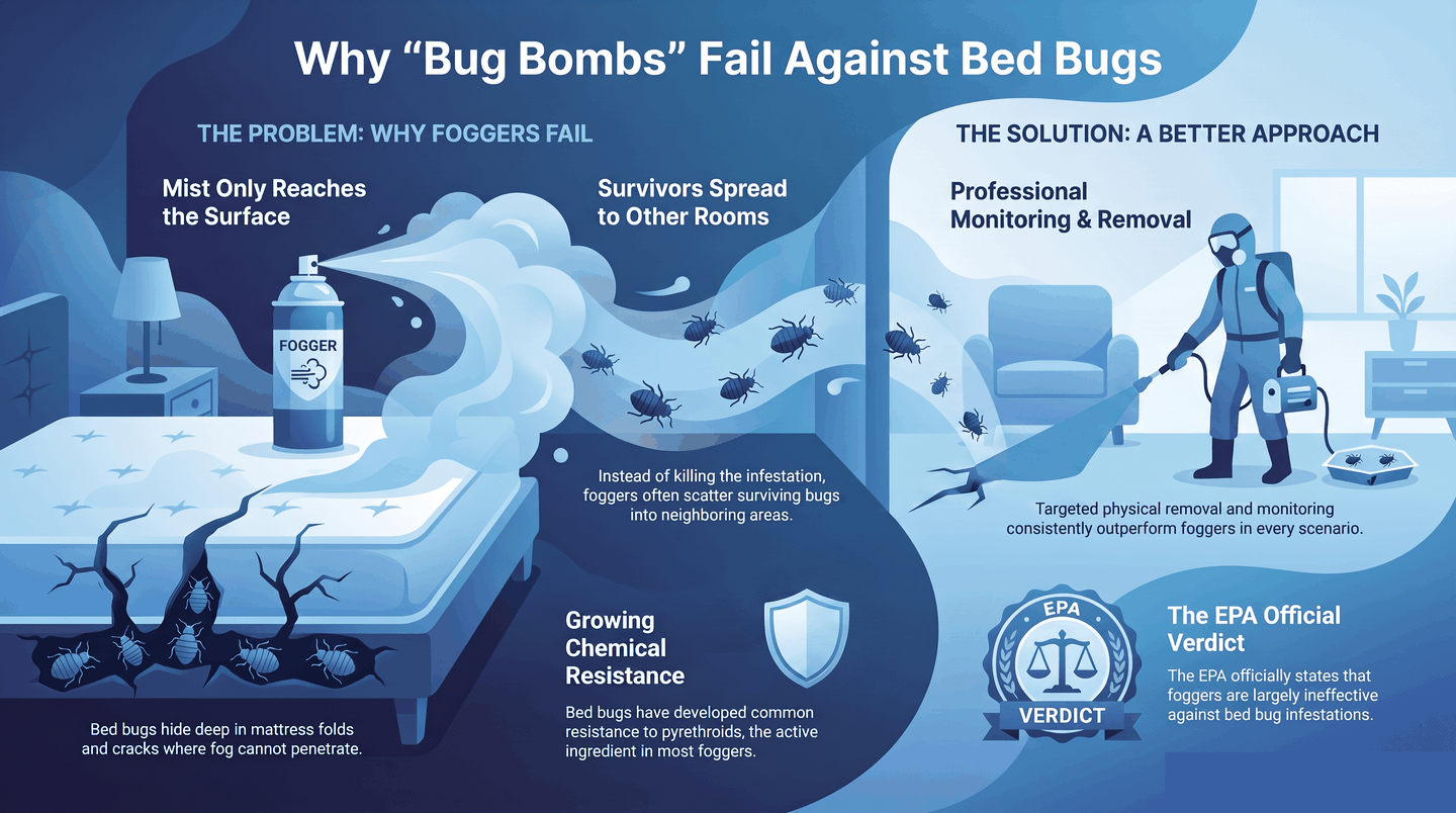 Infographic explaining why bed bug foggers and bug bombs are ineffective