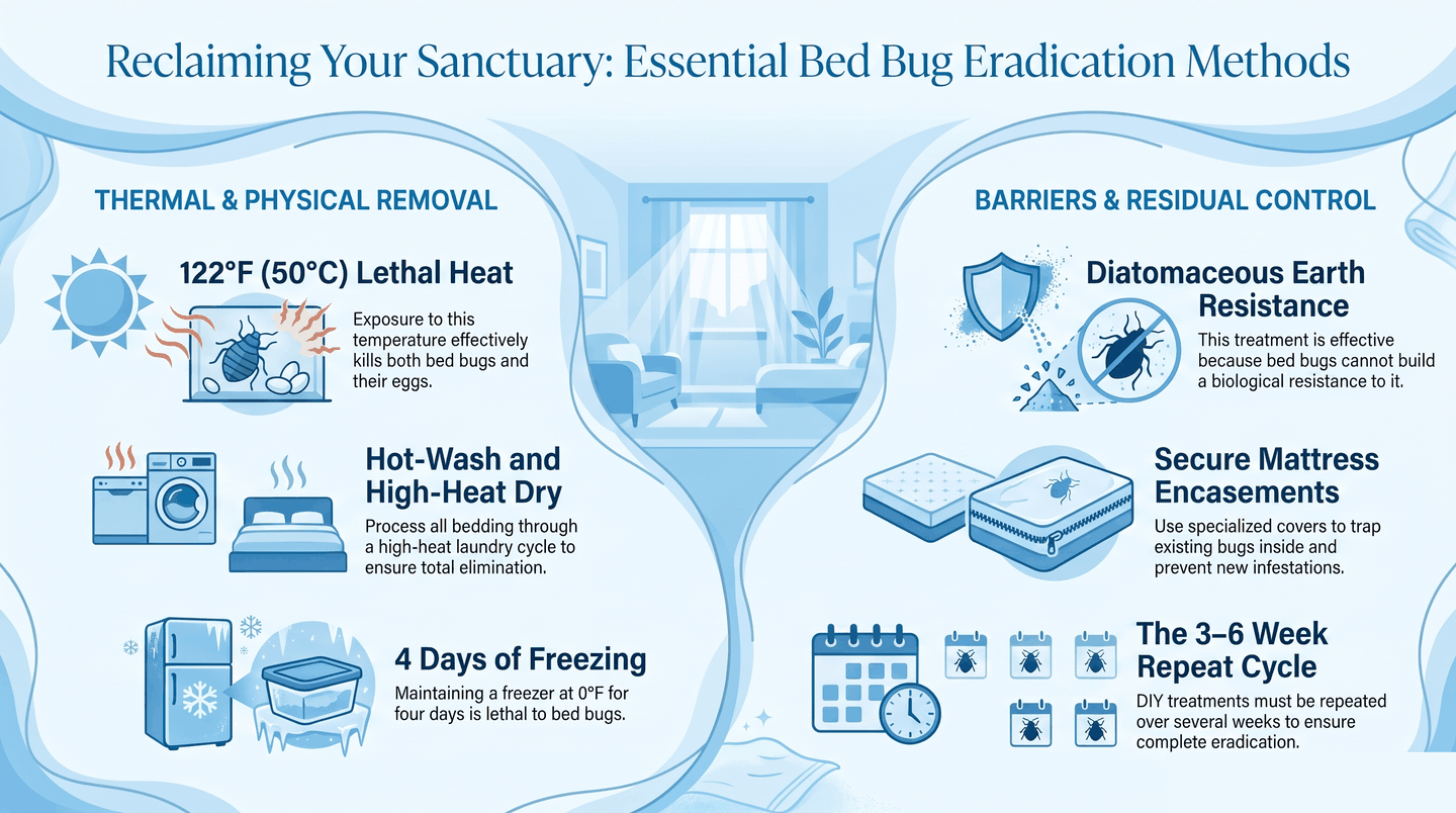 Comparison of bed bug treatment methods: heat, cold, vacuuming, diatomaceous earth, encasements