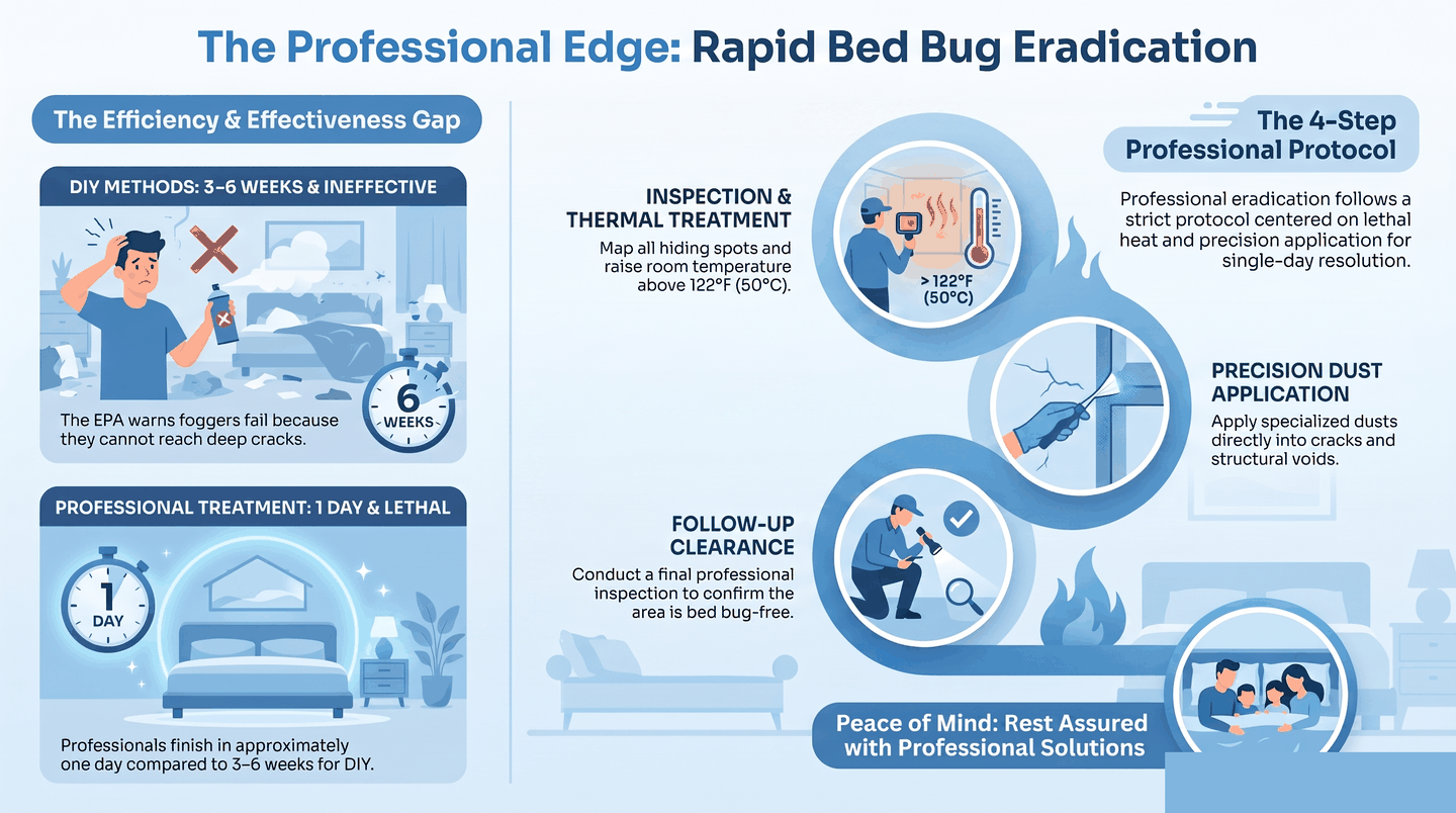 Four-step professional bed bug treatment: inspect, whole-room heat, crack dusts, follow-up