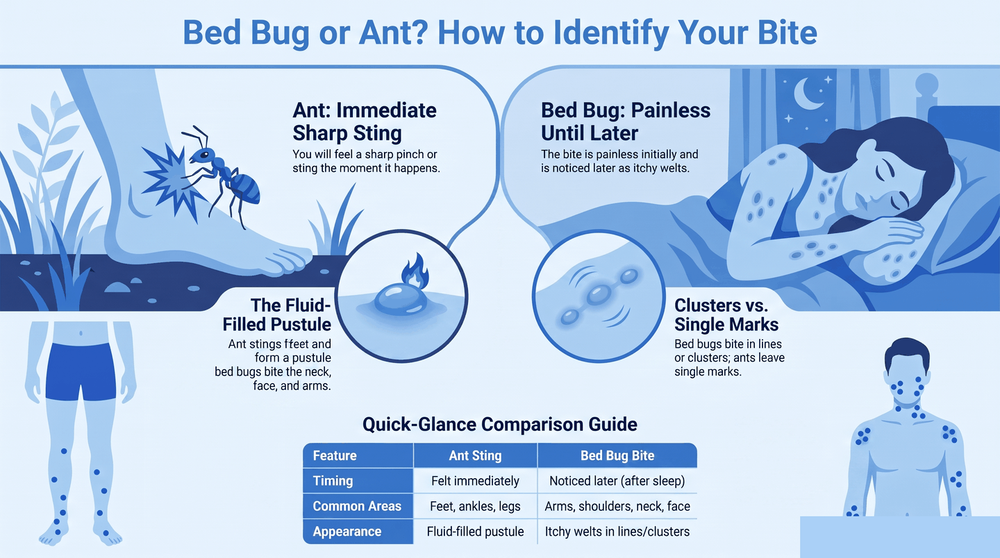 Infographic comparing bed bug bites and ant bites: ant stings felt immediately can form pustules on feet and legs; bed bug bites are painless at first and appear as itchy clusters on arms, neck and face