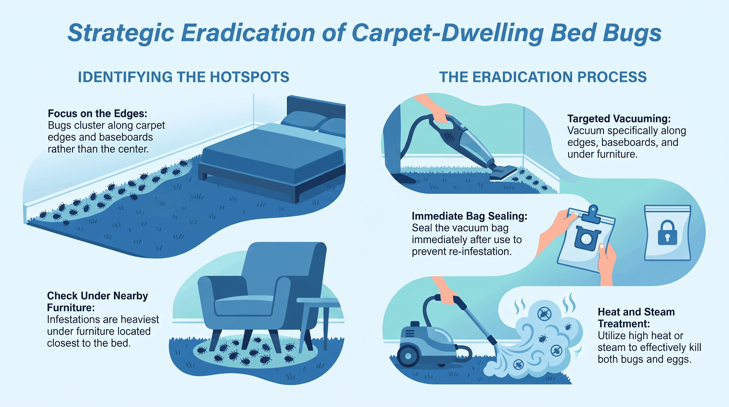 Infographic showing where bed bugs hide in carpet and how to treat it