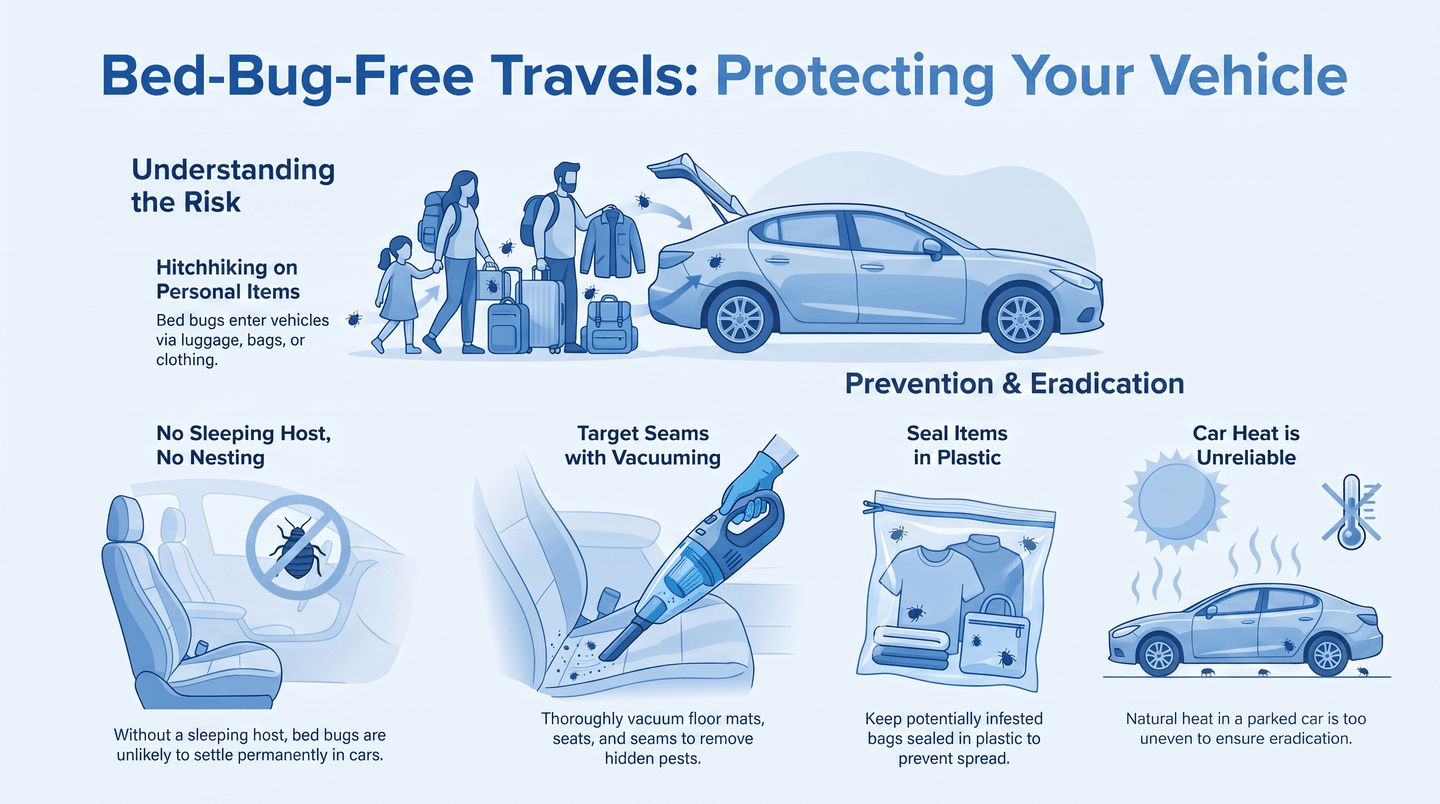 Infographic showing how bed bugs enter cars and practical removal steps