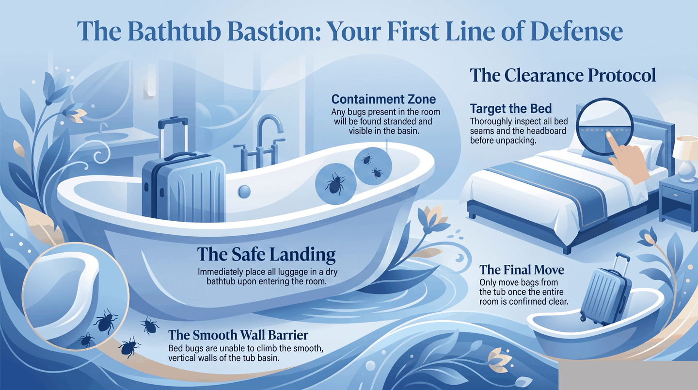 Infographic explaining why bed bugs get trapped in bathtubs and the luggage defense trick