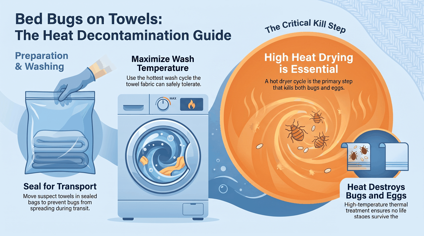 Infographic showing how towels transport bed bugs and the hot-wash heat treatment