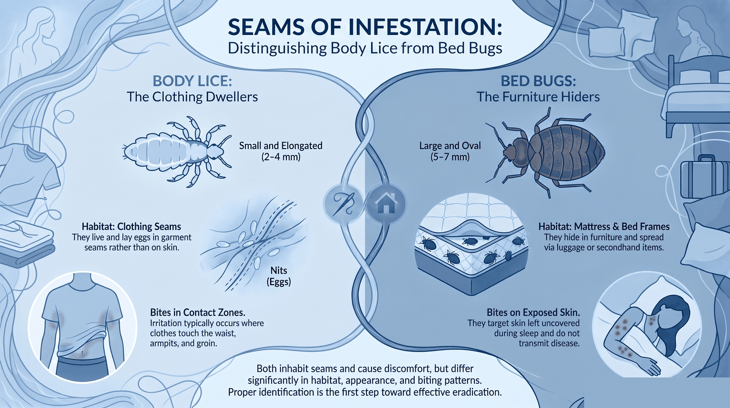 Infographic comparing body lice and bed bugs side by side: body lice live in clothing seams and bite contact zones, bed bugs live in mattress and furniture and bite exposed skin at night