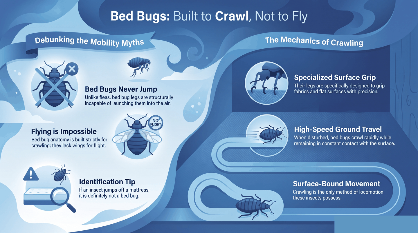 Side-by-side comparison of a crawling bed bug and a jumping flea showing that bed bugs have no ability to leap
