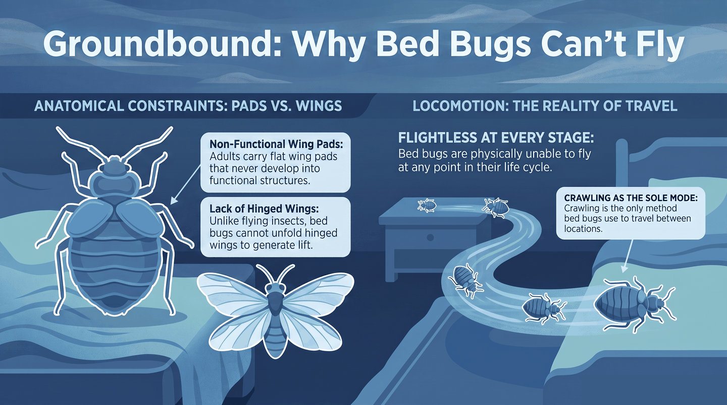 Diagram contrasting functional insect wings with bed bug wing pads that remain undeveloped and cannot generate lift