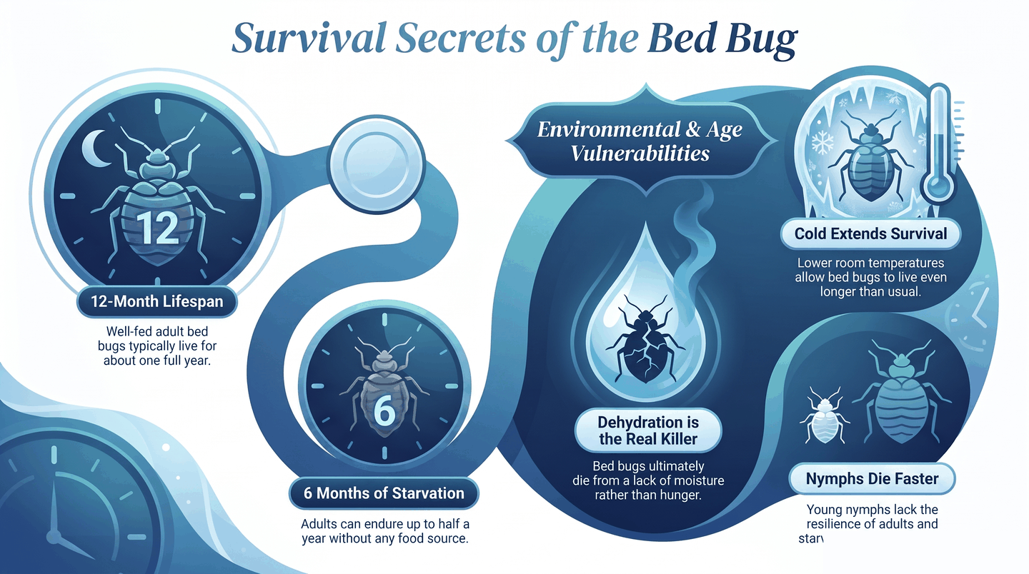 Bed bug survival by the numbers: well-fed adults live about 12 months, can endure up to six months without food, die mainly from dehydration, survive longer in cooler rooms, and nymphs are more vulnerable than adults