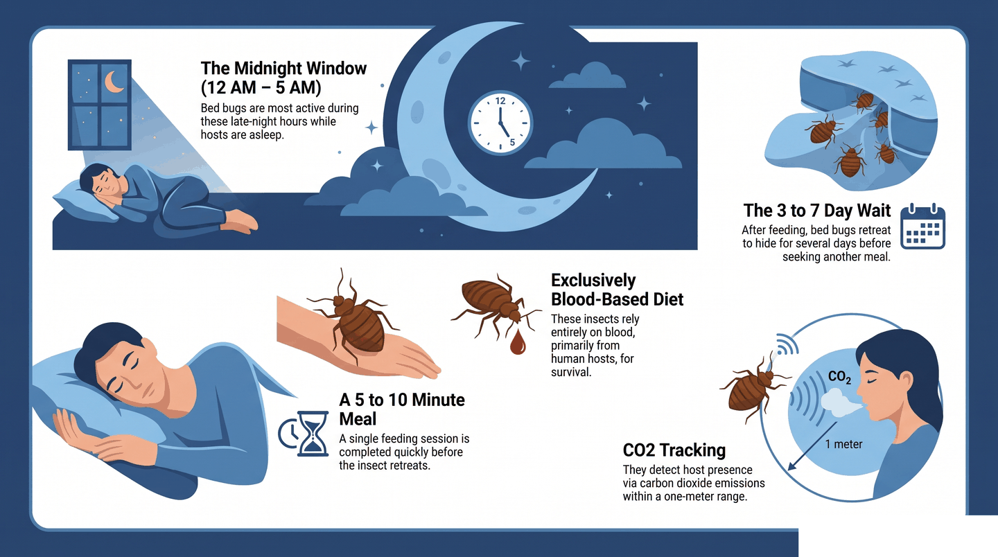 Diagram of bed bug feeding schedule showing nighttime activity window, meal duration, and carbon dioxide detection range