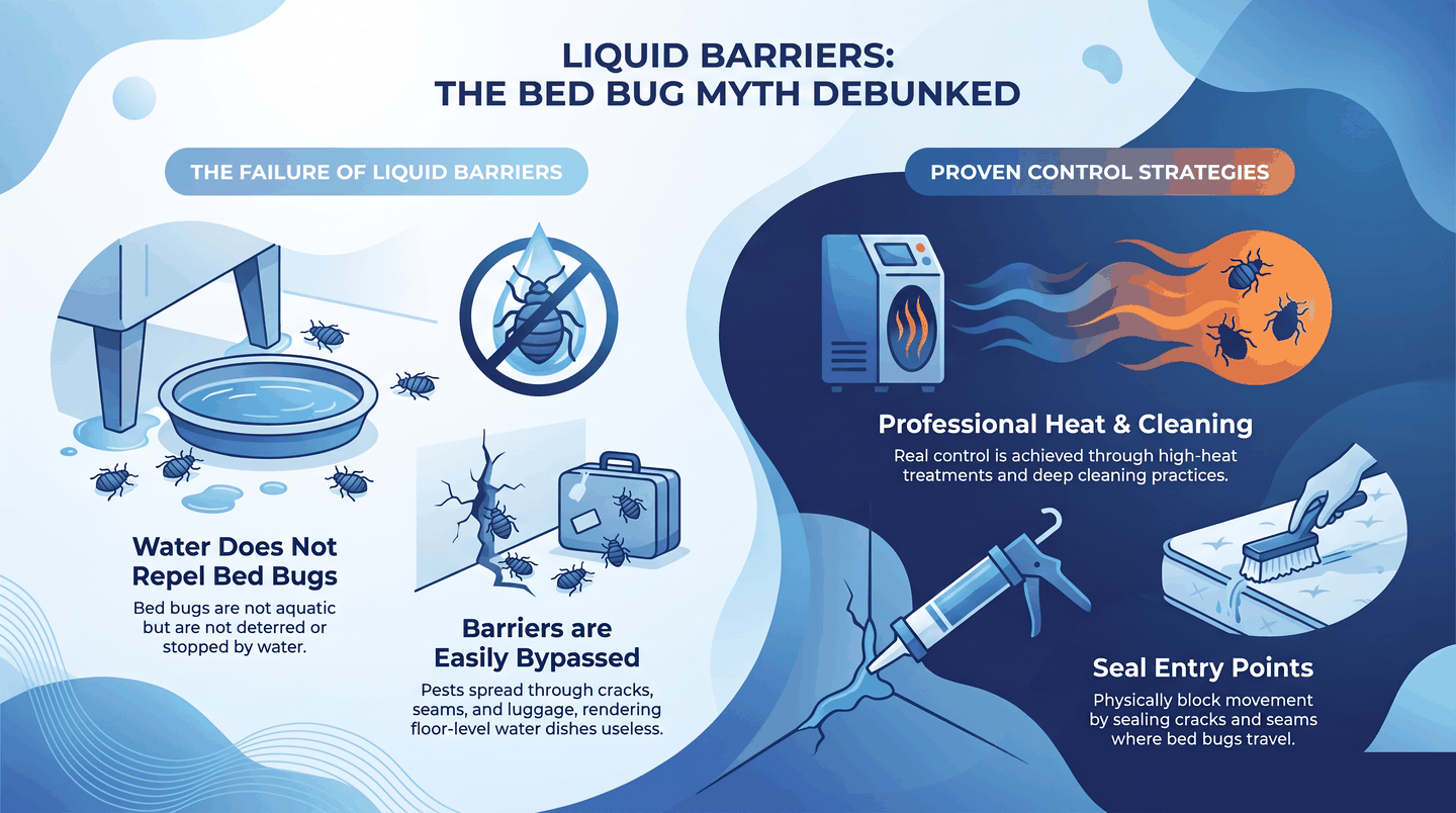 Myth-versus-fact infographic showing why water barriers around bed legs do not stop bed bugs from reaching a host