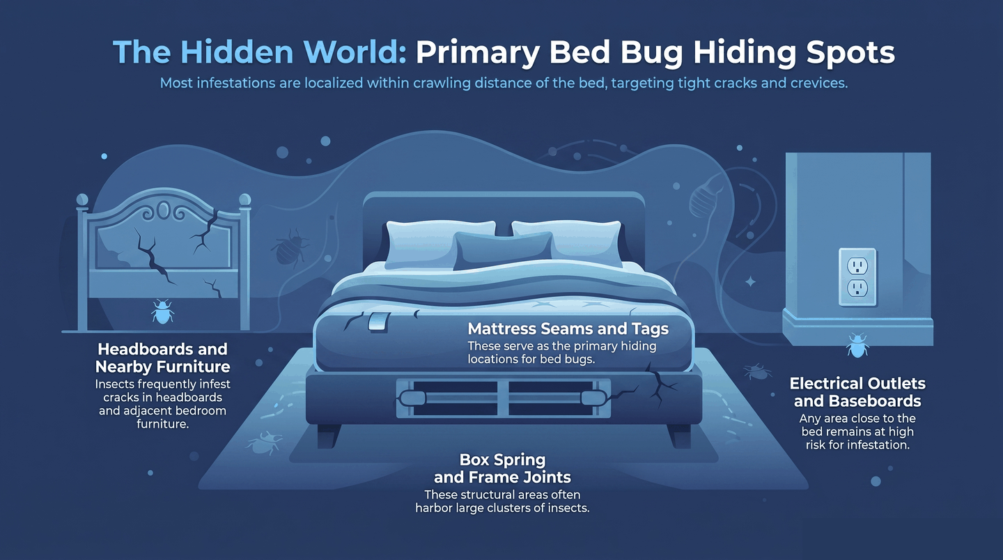 Illustrated bedroom map marking the six most common bed bug hiding spots within a few feet of the mattress