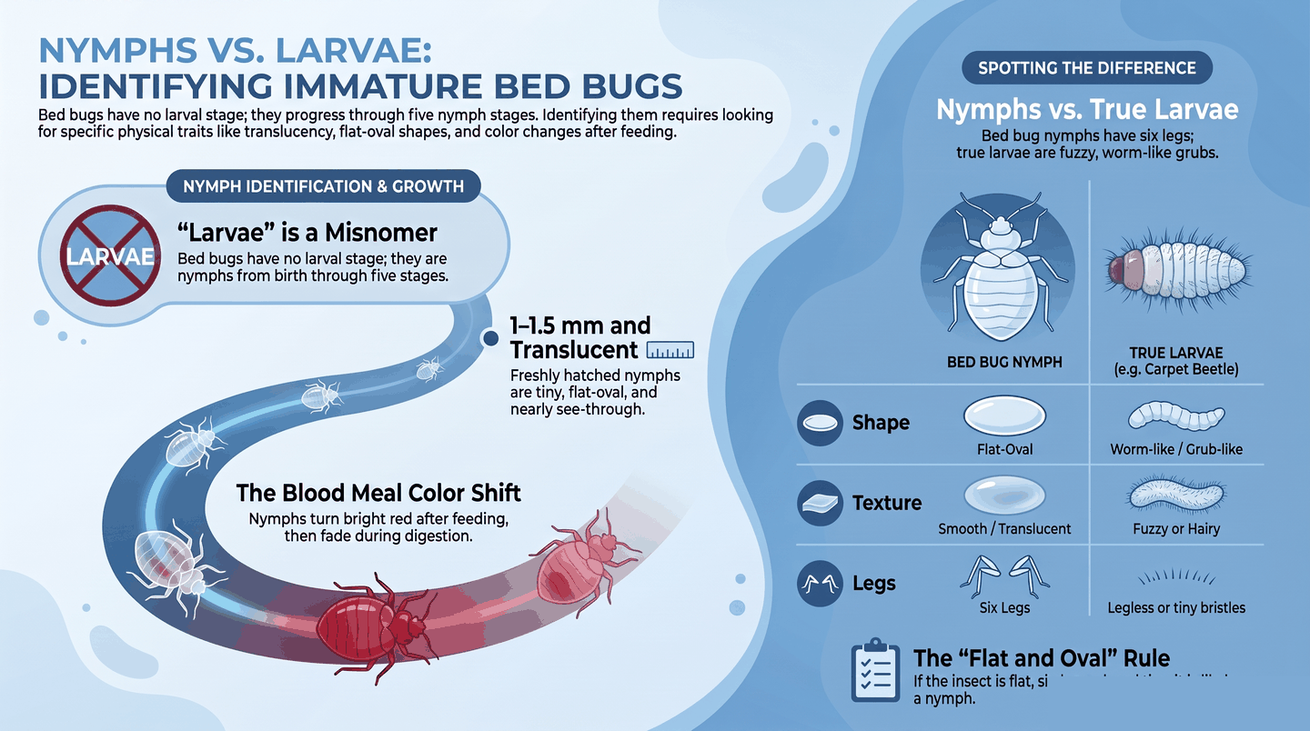 Bed bug nymph stages vs. larvae myth: infographic showing five nymph stages and comparison with true larvae