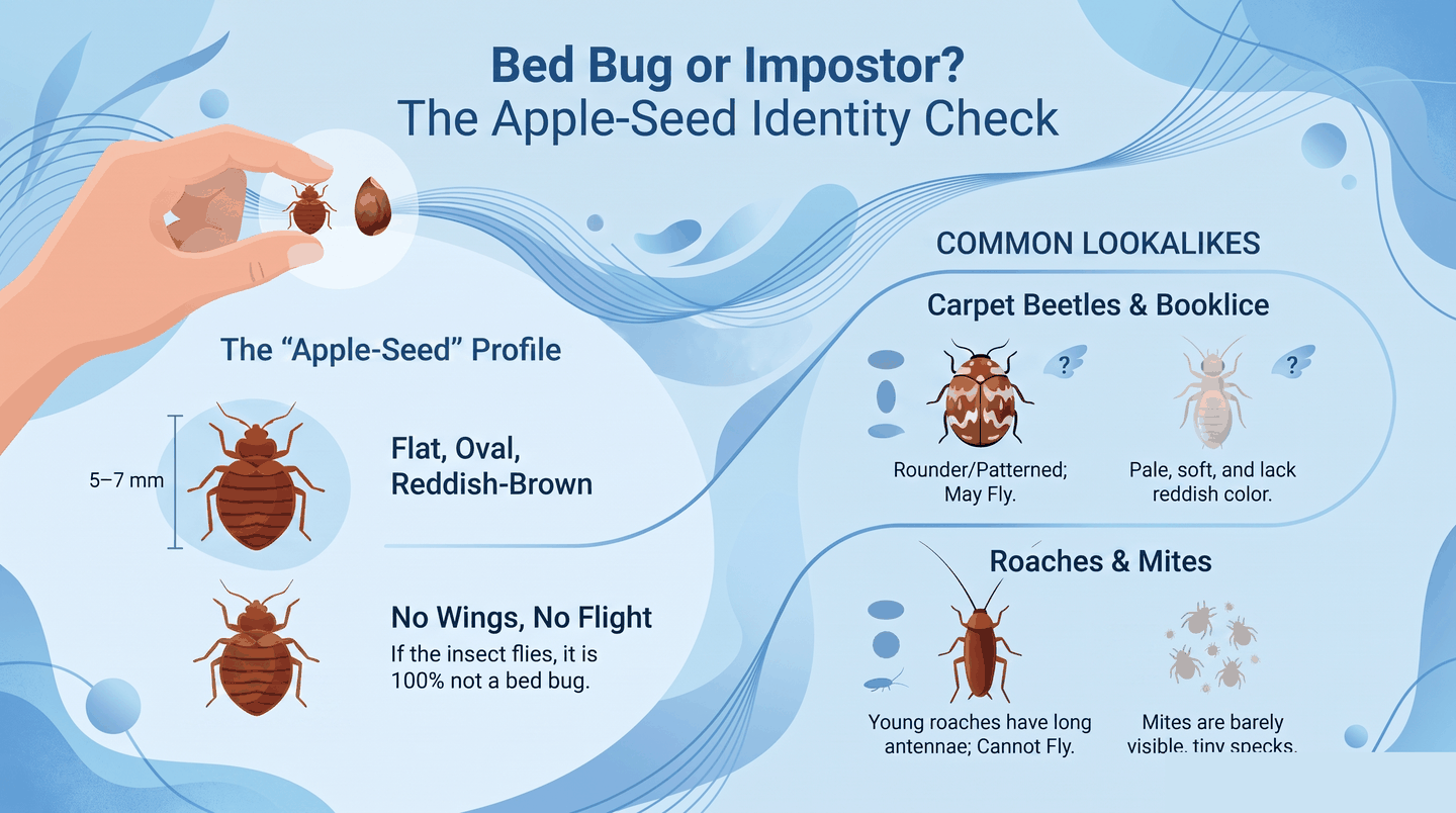 Bed bug vs. common look-alike insects: Apple-Seed Check infographic comparing carpet beetles, booklice, cockroaches, and mites