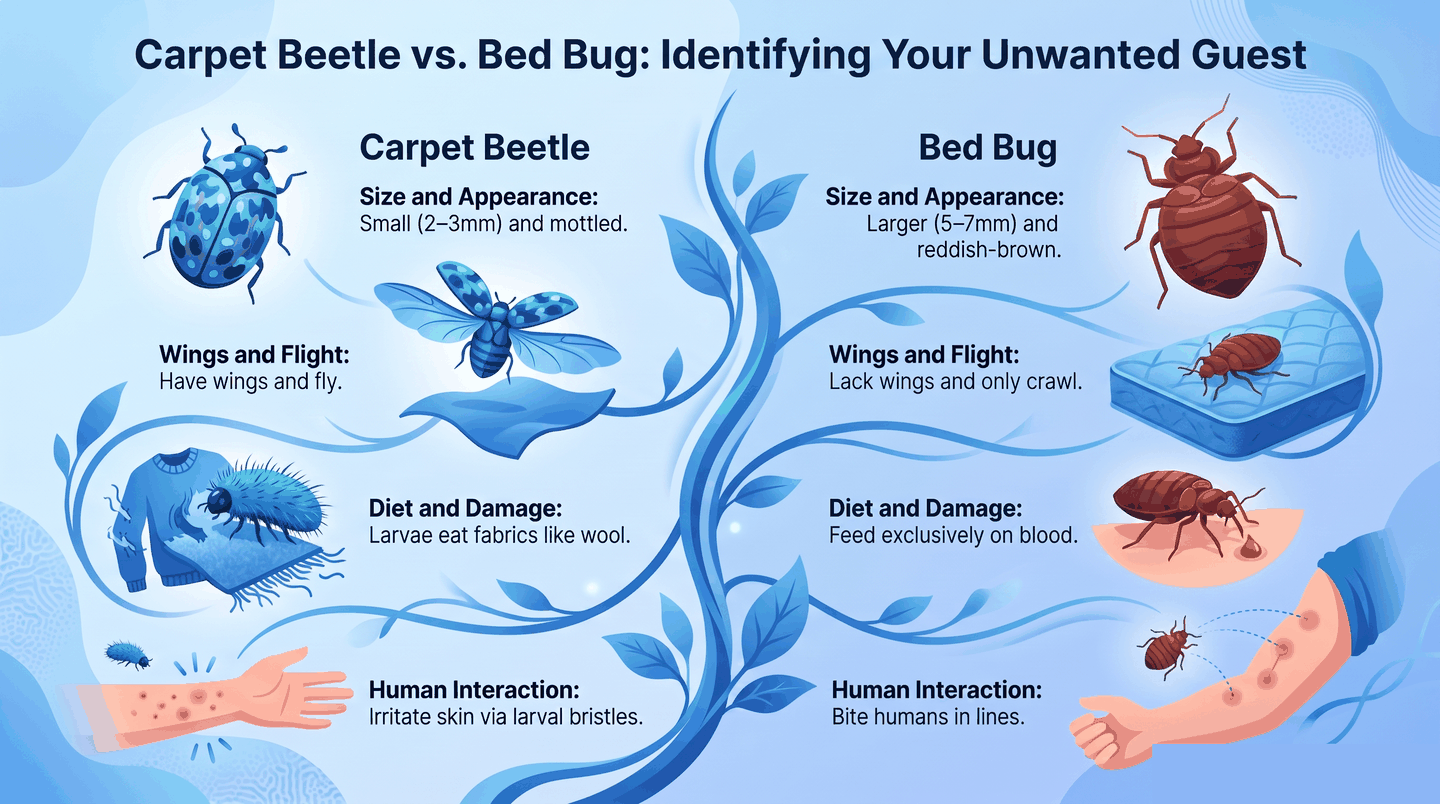 Illustrated side-by-side comparison of carpet beetle and bed bug showing size, flight, bites, and fabric damage