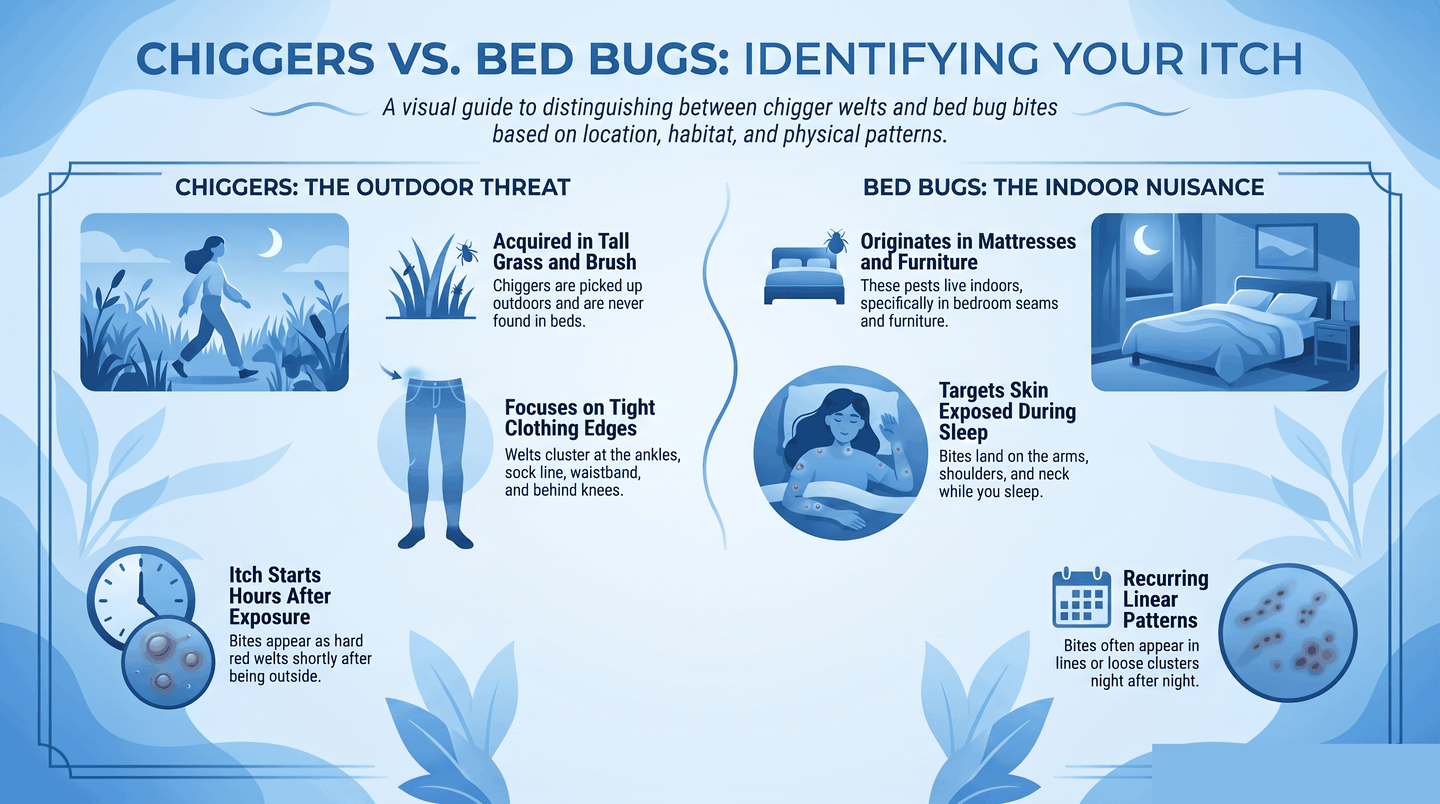 Infographic comparing chigger bites clustered at tight clothing edges after outdoor exposure versus bed bug bites on exposed skin during sleep indoors