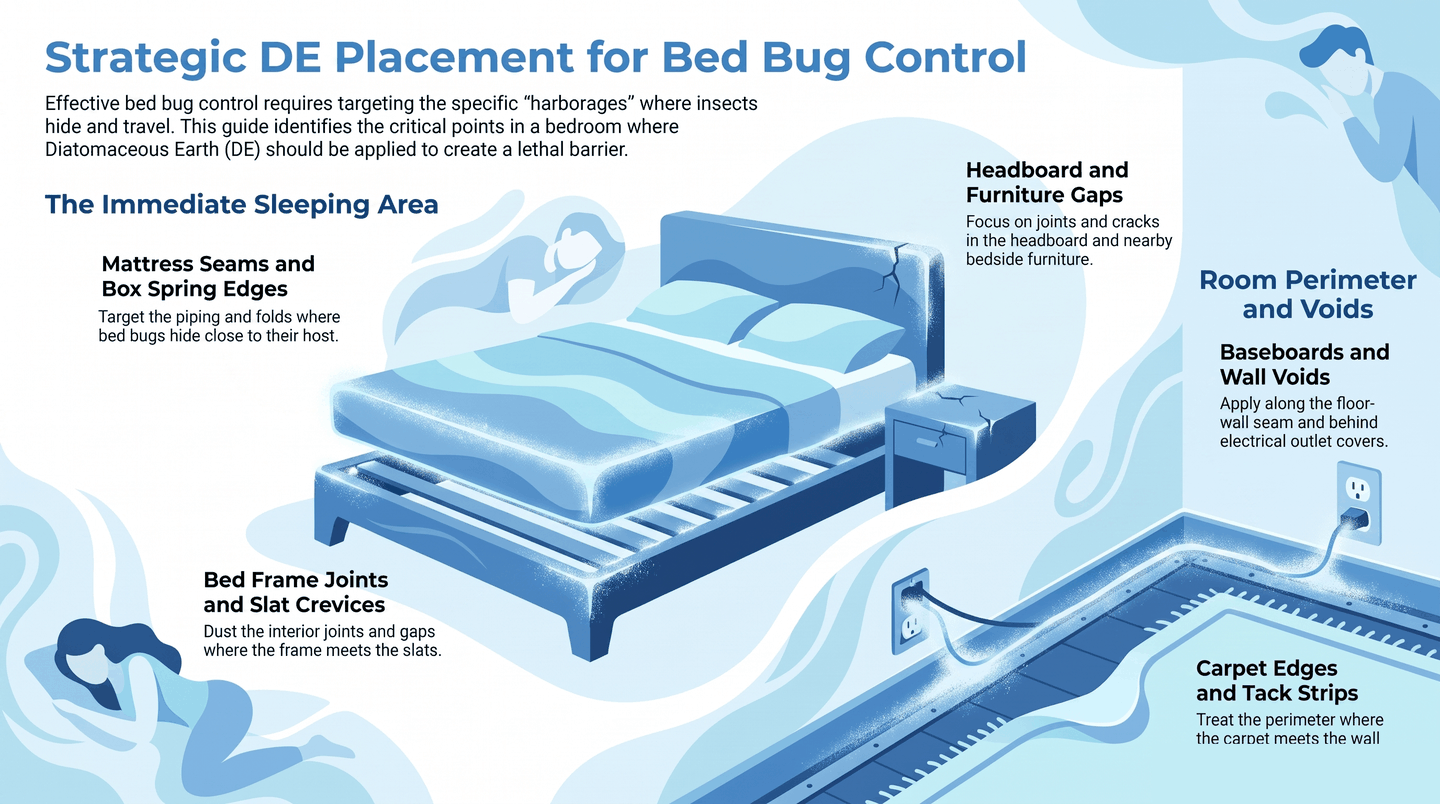 Six key locations to apply diatomaceous earth around the bed and room