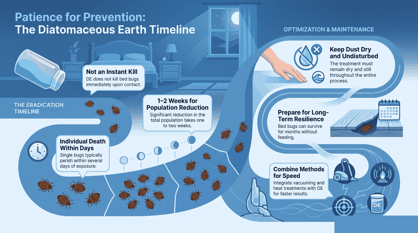 Timeline showing how long diatomaceous earth takes to kill bed bugs