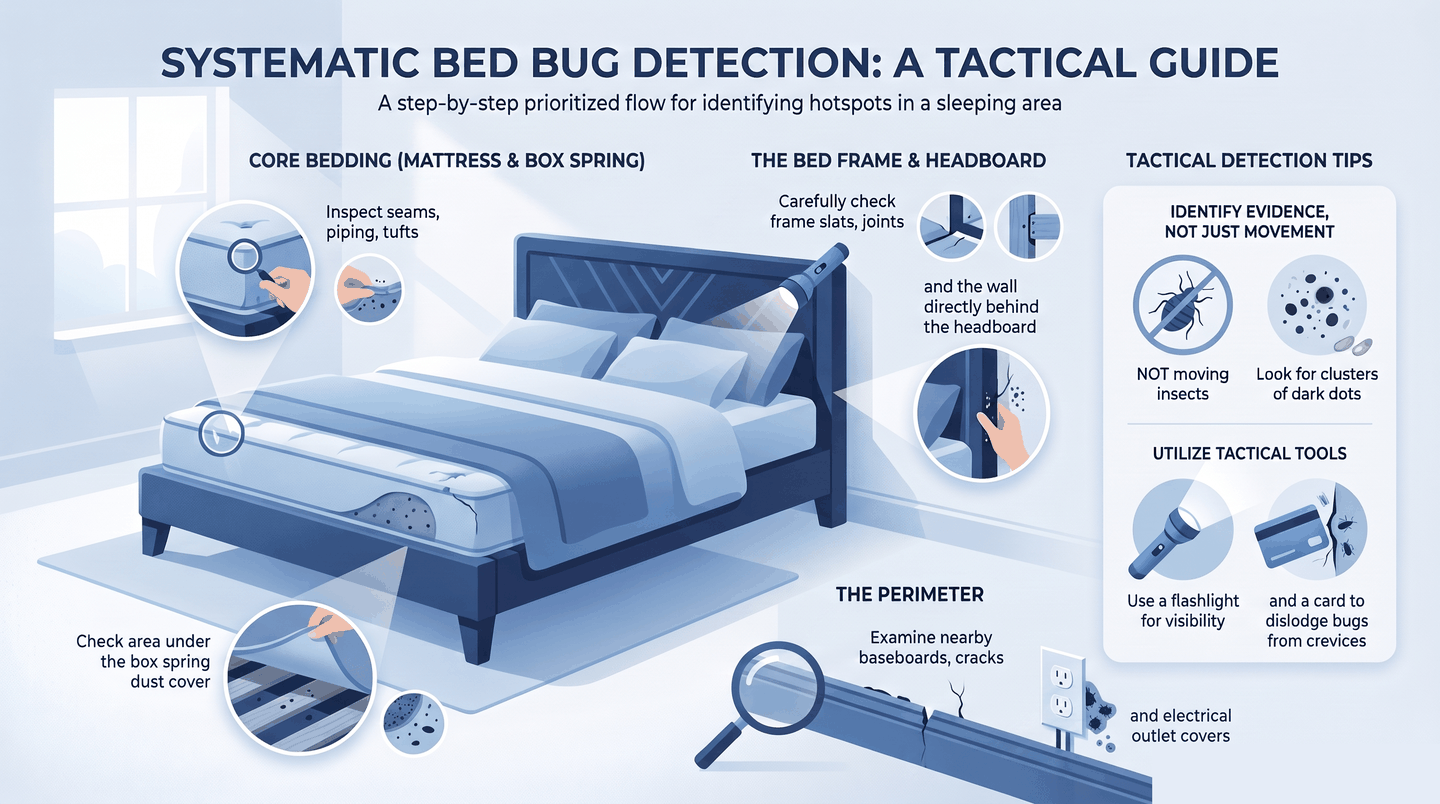Step-by-step diagram showing where to inspect for bed bugs, from mattress seams outward to baseboards and outlet covers