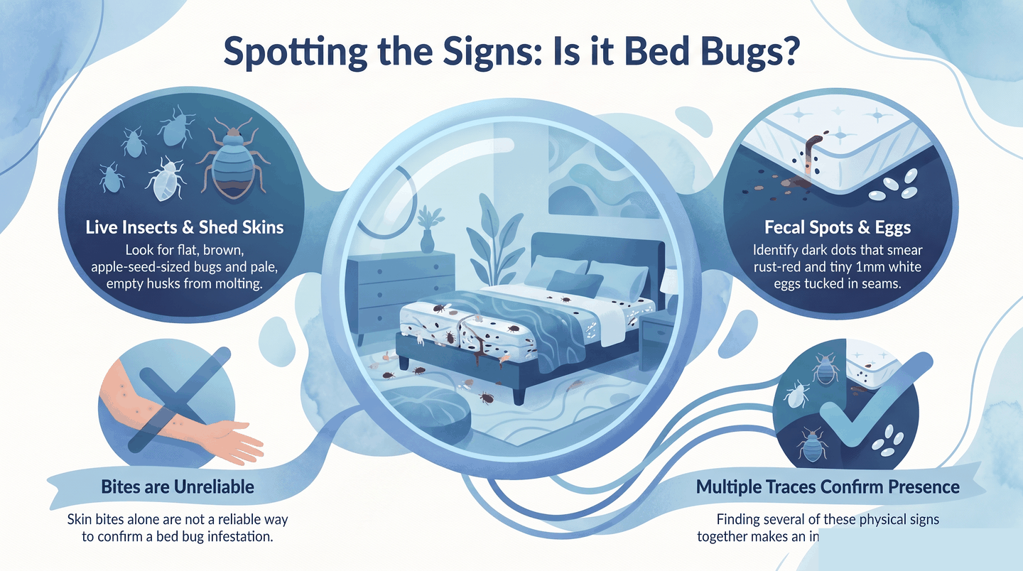 Four-panel checklist infographic showing live bugs, fecal spots, shed skins, and eggs as the confirmed physical signs of bed bugs
