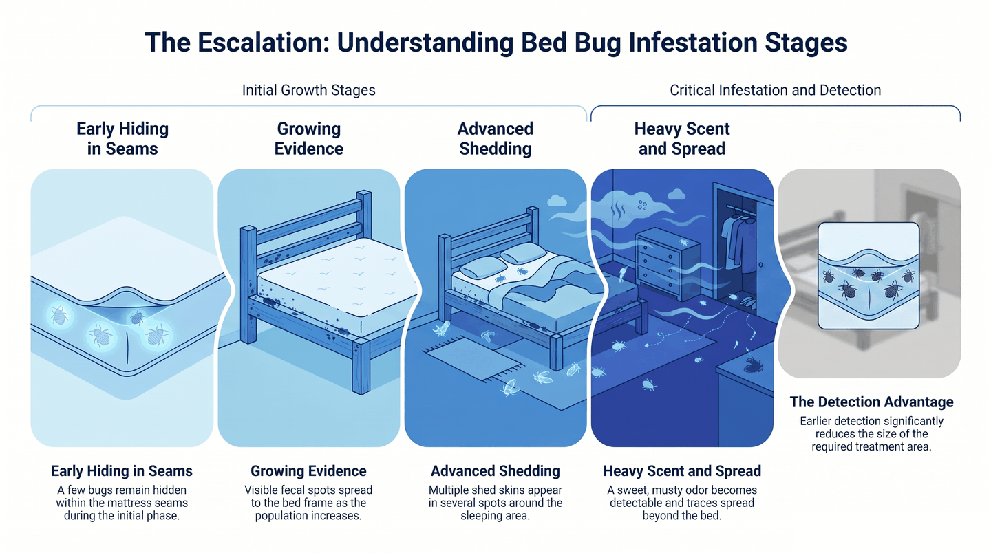 Progression diagram showing how a bed bug infestation grows from a few hidden bugs to a musty-smelling room with widespread traces